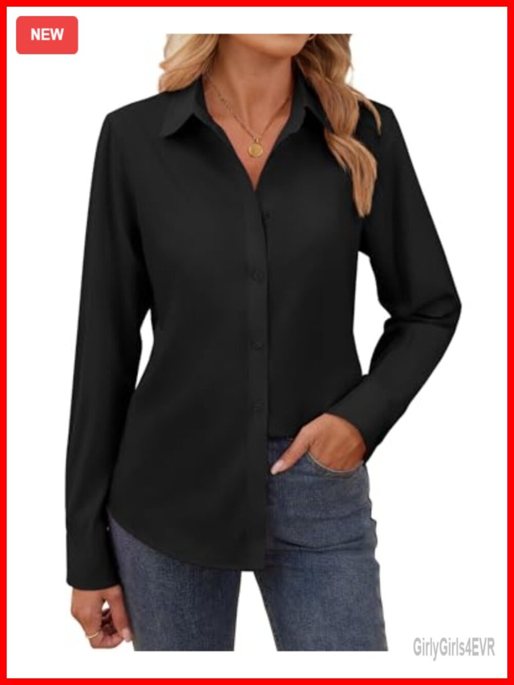 Women's Long Sleeve Cotton Button Down Shirt V-Neck Business Casual Blouse